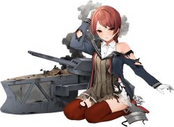 Rule 34 | 1girl, black jacket, blush, braid, buttons, closed mouth, collared shirt, dress, full body, gloves, grey dress, jacket, kantai collection, long hair, long sleeves, machinery, nevada (kancolle), nevada kai (kancolle), official art, open clothes, open jacket, red eyes, red hair, rigging, rudder footwear, shirt, single braid, sleeveless, sleeveless shirt, solo, torn clothes, torn dress, torn jacket, transparent background, turret, white gloves, white shirt