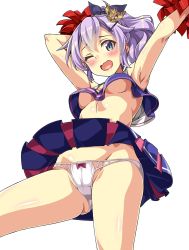 Rule 34 | 1girl, alternate costume, armpits, arms up, azur lane, blush, bow, bow panties, breasts, cheering, cheerleader, clothes lift, crop top, crop top overhang, crown, from below, green eyes, high ponytail, highres, holding, holding pom poms, javelin (azur lane), macaroni hourensou, medium hair, midriff, mini crown, miniskirt, navel, no bra, one eye closed, open mouth, panties, pantyshot, pleated skirt, pom pom (cheerleading), pom poms, purple hair, purple skirt, shirt, simple background, skirt, skirt lift, sleeveless, sleeveless shirt, small breasts, solo, tilted headwear, underboob, underwear, white background, wide ponytail, wind, wind lift