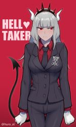 Rule 34 | 1girl, absurdres, black necktie, black pants, business suit, closed mouth, collared shirt, copyright name, demon horns, demon tail, embarrassed, formal, furo atsushi, gloves, grey hair, helltaker, highres, horns, long hair, long sleeves, looking at viewer, lucifer (helltaker), mole, mole under eye, necktie, pants, red background, red eyes, red shirt, shirt, simple background, solo, suit, tail, twitter username, white gloves