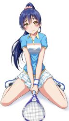 Rule 34 | 10s, 1girl, alternate hairstyle, between legs, blush, collared shirt, commentary request, long hair, looking at viewer, love live!, love live! school idol festival, love live! school idol project, miniskirt, pink scrunchie, pleated skirt, polo shirt, ponytail, racket, scrunchie, shirt, shoes, short sleeves, sitting, skirt, sneakers, socks, solo, sonoda umi, sportswear, spread legs, tennis racket, tennis uniform, white background, wristband, yellow eyes, yopparai oni