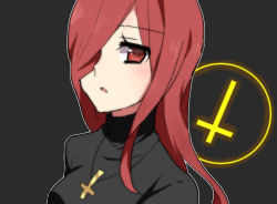 Rule 34 | 1girl, bad id, bad pixiv id, blush, breasts, cross, cross necklace, female focus, hair over one eye, highres, inverted cross, jewelry, large breasts, long hair, looking at viewer, necklace, open mouth, parasoul (skullgirls), red eyes, red hair, skullgirls, solo, sorimachi-doufu, sweater, turtleneck, upper body
