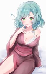 Rule 34 | 1girl, aqua hair, bang dream!, blush, bow, bra, braid, breasts, brown kimono, cleavage, collarbone, commentary request, green eyes, hair bow, highres, hikawa hina, japanese clothes, kimono, large breasts, looking at viewer, meu203, musical note, obi, off shoulder, open mouth, sash, side braids, sitting, solo, underwear, white bra, wide sleeves, yellow bow