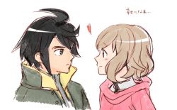Rule 34 | 1boy, 1girl, ahoge, atra mixta, black hair, blush, brown hair, commentary, curly hair, eye contact, gundam, gundam tekketsu no orphans, heart, jacket, looking at another, mikazuki augus, partially colored, short hair, simple background, sketch, smile, taam, text focus, translation request, white background