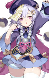 Rule 34 | 1girl, amagasa yun, arm up, black nails, blue dress, commentary request, dress, eyebrows hidden by hair, genshin impact, hair between eyes, hair ornament, hat, highres, jacket, long sleeves, nail polish, ofuda, parted lips, purple eyes, purple hair, purple hat, purple jacket, qingdai guanmao, qiqi (genshin impact), simple background, sleeves past wrists, solo, thighhighs, white background, white thighhighs, wide sleeves
