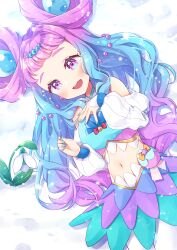 Rule 34 | 1girl, blue eyes, blue hair, blue nails, clothing cutout, commentary, cropped shirt, cure la mer, eyelash ornament, gradient hair, hand on own chest, hidaka rina, highres, light particles, long hair, long sleeves, looking at viewer, magical girl, midriff, miniskirt, multicolored clothes, multicolored eyes, multicolored hair, multicolored shirt, multicolored skirt, navel, open mouth, pantyhose, pearl hair ornament, pink eyes, pink hair, pouch, precure, shell brooch, shoulder cutout, shuu (mniarnoakou), skirt, smile, solo, standing, tropical-rouge! precure, twitter username, very long hair, white pantyhose