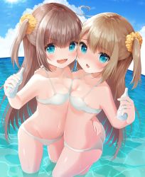 Rule 34 | 2girls, :d, :o, absurdres, ahoge, aqua eyes, ass, bad id, bad pixiv id, bare arms, bikini, blue sky, bottle, breast press, breasts, brown hair, bush, cloud, collarbone, curved horizon, day, fang, hair ornament, hair scrunchie, hand around wrist, highres, holding, holding bottle, long hair, looking at viewer, multiple girls, navel, nufucha, ocean, open mouth, original, outdoors, scrunchie, siblings, side ponytail, sisters, skin fang, sky, small breasts, smile, standing, swimsuit, symmetrical docking, thighs, twins, v-shaped eyebrows, water, white bikini, yuri