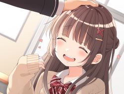 Rule 34 | 1girl, 1other, ^ ^, blush, brown hair, closed eyes, closed eyes, hair bun, hair ornament, hairclip, half updo, headpat, heart, highres, long hair, open mouth, original, out of frame, school uniform, single hair bun, sleeves past wrists, smile, sweater vest, uramakaron