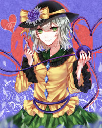 Rule 34 | 1girl, absurdres, bad id, bad pixiv id, black hat, blood, blood on hands, bloody knife, blue background, blue flower, blue nails, blue rose, bow, cowboy shot, empty eyes, eyeball, floral print, flower, frilled shirt collar, frilled sleeves, frills, green eyes, green skirt, hat, hat bow, hat flower, heart, heart of string, highres, holding, holding knife, knife, komeiji koishi, long sleeves, looking at viewer, nail polish, rose, sheya, shirt, short hair, silver hair, skirt, smile, solo, third eye, touhou, wide sleeves, yellow bow, yellow shirt