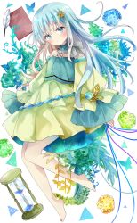 Rule 34 | 1girl, absurdres, animal, bad id, bad pixiv id, bare shoulders, barefoot, blue eyes, blue flower, blue hair, blue shirt, blush, bow, bug, butterfly, closed mouth, commentary, detached sleeves, diary, flower, green flower, green skirt, green sleeves, grey bow, hair between eyes, hair ornament, head tilt, highres, hourglass, insect, long hair, long sleeves, looking at viewer, original, quill, shirt, simple background, skirt, sleeves past wrists, solo, sparkle, symbol-only commentary, tsukiyo (skymint), very long hair, white background, wide sleeves, yellow flower