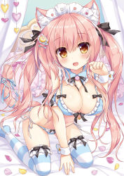 Rule 34 | 1girl, :d, ameto yuki, animal ear fluff, animal ears, arm strap, between legs, black ribbon, blue bra, blue panties, blush, bra, breasts, cat ears, cleavage, detached collar, floating hair, frilled bra, frilled panties, frills, hair between eyes, hair ornament, hair ribbon, hand between legs, highres, kneeling, large breasts, long hair, looking at viewer, macaron (ameto yuki), maid headdress, neck ribbon, open mouth, original, panties, pink hair, ribbon, smile, solo, striped clothes, striped thighhighs, thighhighs, underwear, underwear only, very long hair, wing collar, wrist cuffs, yellow eyes