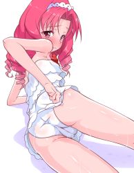 Rule 34 | 1girl, akagi towa, armpits, ass, blush, brown eyes, cameltoe, casual one-piece swimsuit, frown, go! princess precure, k10k, long hair, looking back, one-piece swimsuit, precure, red hair, ringlets, shiny skin, solo, swimsuit, white background, white one-piece swimsuit
