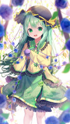 Rule 34 | :d, alternate hair length, alternate hairstyle, bare legs, black hat, blue flower, blue rose, blurry, blurry foreground, bow, closed eyes, collared shirt, commentary request, cowboy shot, eyeball, flower, frilled shirt, frilled shirt collar, frilled sleeves, frills, green eyes, green hair, green skirt, hat, hat bow, hat ribbon, highres, kiramarukou, komeiji koishi, long hair, long sleeves, looking at viewer, open mouth, plant, ribbon, rose, shirt, simple background, skirt, sleeves past fingers, sleeves past wrists, smile, solo, teeth, third eye, touhou, upper teeth only, vines, white background, yellow ribbon, yellow shirt