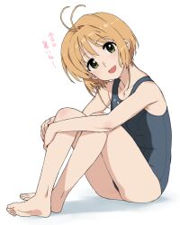 Rule 34 | 1girl, alternate costume, antenna hair, bare legs, barefoot, blue one-piece swimsuit, breasts, brown hair, cardcaptor sakura, collarbone, commentary, copyright request, crossed legs, feet, full body, green eyes, head tilt, kinomoto sakura, knees up, legs, looking at viewer, medium hair, one-piece swimsuit, shadow, sidelocks, simple background, sitting, small breasts, soles, solo, swimsuit, symbol-only commentary, thighs, toes, translated, wakaho riku, white background