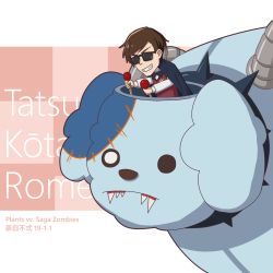 Rule 34 | &gt;:), 1boy, animal nose, bow, bowtie, brown hair, buernia, character name, checkered background, commentary, dog, english commentary, highres, long sleeves, male focus, mecha, parody, pink background, plants vs zombies, robot, romero (zombie land saga), short hair, simple background, solo, sunglasses, tatsumi koutarou, teeth, white background, zombie, zombie land saga
