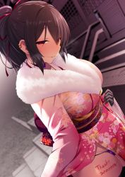 Rule 34 | 1girl, black gloves, black thighhighs, blurry, blurry background, blush, body writing, breasts, brown hair, choker, clothes lift, depth of field, earrings, eyes visible through hair, floral print, fur collar, glint, gloves, grin, hair between eyes, hair ribbon, half-closed eyes, head tilt, japanese clothes, jewelry, kimono, kimono lift, large breasts, lifting own clothes, long hair, long sleeves, looking at viewer, multiple earrings, netokano, netorare, obi, original, outdoors, panties, parted lips, pink kimono, ponytail, purple panties, pussy juice, red eyes, red ribbon, ribbon, sash, satou kuuki, sidelocks, sleeves past wrists, smile, solo, standing, stud earrings, sunset, thank you, thighhighs, underwear, wide sleeves