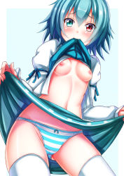 Rule 34 | 1girl, blue eyes, blue hair, blush, breasts, clothes in mouth, clothes lift, ebi 193, heterochromia, looking at viewer, matching hair/eyes, mouth hold, nipples, no bra, panties, red eyes, shirt in mouth, shirt lift, short hair, skirt, skirt lift, small breasts, solo, striped clothes, striped panties, tatara kogasa, thighhighs, touhou, underwear, upskirt, white thighhighs