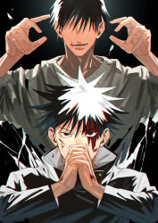 Rule 34 | 2boys, black background, black eyes, black hair, black jacket, blood, blood on face, faceless, faceless male, father and son, fushiguro megumi, fushiguro touji, gakuran, hair between eyes, hands up, high collar, highres, injury, jacket, jujutsu kaisen, long sleeves, looking at viewer, male focus, mirin (coene65), multiple boys, open mouth, own hands together, scar, scar on face, school uniform, short hair, smile, spiked hair, sweater, tsurime, upper body, white sweater