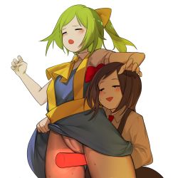 Rule 34 | 2girls, ascot, black eyes, black hair, black skirt, blouse, blush, bow, closed eyes, clothes lift, collared shirt, colored skin, commentary request, cookie (touhou), cowboy shot, daiyousei, diyusi (cookie), dress, dress lift, green hair, grinding, hair bow, high-visibility vest, highres, jiyu (jiyusi), lifting another&#039;s clothes, medium hair, multiple girls, open mouth, panties, ponytail, puffy short sleeves, puffy sleeves, red ascot, red bow, shirt, short sleeves, side ponytail, simple background, siyudi (cookie), skirt, suspender skirt, suspenders, touhou, traffic baton, transparent background, underwear, white panties, white shirt, white skin, yellow ascot, yellow bow, yuri