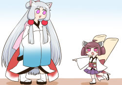 Rule 34 | 2girls, :3, ahoge, animal ears, blunt bangs, blush, blush stickers, breasts, brown hair, commentary request, curtained hair, fox ears, full body, furisode, gradient kimono, grey hair, hands in opposite sleeves, headgear, height difference, highres, japanese clothes, kimono, kiritanpo (food), large breasts, long hair, looking at another, looking at viewer, multiple girls, no pupils, obi, obiage, obijime, okobo, open mouth, oversized food, oversized object, own hands together, pigeon-toed, pleated skirt, purple eyes, purple skirt, rantana (lalalalackluster), sandals, sash, short hair, short kimono, short twintails, siblings, sidelocks, simple background, sisters, skirt, standing, standing on one leg, touhoku itako, touhoku kiritan, twintails, v-shaped eyebrows, very long hair, voiceroid, white background, white kimono, zouri