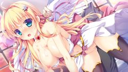 Rule 34 | 1girl, ahoge, aqua eyes, blonde hair, blush, breasts, brooch, censored, cleavage, clothed sex, clothes pull, cum, cum on hair, doggystyle, dutch angle, escu:de, facial, fall in love x 4 tune, game cg, hair intakes, highres, indoors, jewelry, karen uruputasu, large breasts, leaning forward, long hair, looking at viewer, mikeou, mosaic censoring, nipples, no bra, no panties, pussy, pussy juice, pussy juice trail, sex, sex from behind, shirt pull, sidelocks, thighhighs, window, wings