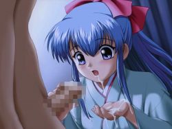 Rule 34 | 1boy, 1girl, blue eyes, blue hair, blush, censored, cum, cum in mouth, cum on body, cum on upper body, cupping hand, cupping hands, dripping, fellatio, game cg, hetero, hiiragi sou ~onaji yane no shita de~, japanese clothes, kimono, long hair, mosaic censoring, nonohara miki, open mouth, oral, own hands together, penis, ribbon, solo focus