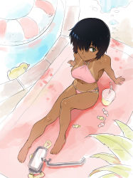 Rule 34 | 1girl, barefoot, bendy straw, bikini, bikini tan, black hair, breasts, candy, dark-skinned female, dark skin, diving mask, drink, drinking straw, expressionless, food, from above, goggles, green eyes, hair over one eye, halterneck, innertube, looking away, looking to the side, navel, nazo no kanojo x, o-ring, o-ring bikini, one eye covered, pink bikini, plant, poolside, puddle, rubber duck, short hair, sideboob, sitting, snorkel, solo, sun tattoo, sweat, sweets, swim ring, swimsuit, tan, tanline, timbougami, unworn goggles, urabe mikoto