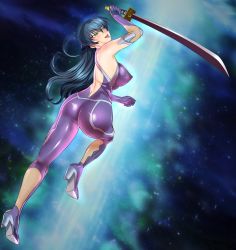 Rule 34 | 00s, 1girl, absurdres, arion canvas, ass, attack, back, backless outfit, bare shoulders, blue hair, bodysuit, boots, breasts, covered erect nipples, from behind, gloves, green eyes, high heel boots, high heels, highres, huge ass, igawa asagi, large breasts, long hair, looking down, ninja, reverse grip, shiny clothes, shiny skin, sideboob, skin tight, smile, solo, sword, taimanin (series), taimanin asagi, tongue, tongue out, weapon