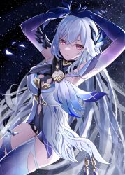 Rule 34 | 1girl, arms up, bare shoulders, breasts, commentary request, elbow gloves, genshin impact, gloves, grey hair, highres, long hair, looking at viewer, medium breasts, mon-chan, pink eyes, skirk (genshin impact), solo, thighs, very long hair
