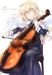 Rule 34 | blonde hair, bow (music), cello, dress, closed eyes, instrument, long hair, original, sabamu, solo, wings