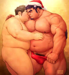 Rule 34 | 2boys, ass, bara, big belly, blush, body fur, briefs, bulge, christmas, clothed male nude male, couple, dark-skinned male, dark skin, erection, erection under clothes, face-to-face, fat, fat man, feet out of frame, foreplay, hat, highres, imminent kiss, interracial, large pectorals, long sideburns, male focus, male pubic hair, male underwear, male underwear pull, mature male, multiple boys, muscular, muscular male, nude, obese, od (odn ya 2), pectorals, penis, penis peek, protagonist 5 (housamo), pubic hair, red headwear, santa hat, short hair, sideburns, tetsuox (housamo), thick eyebrows, thighs, tokyo houkago summoners, underwear, undressing, yaoi