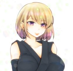 Rule 34 | 1girl, absurdres, bare shoulders, black kimono, black sleeves, blonde hair, breasts, cleavage, collarbone, detached sleeves, earrings, facial scar, gintama, hair between eyes, highres, japanese clothes, jewelry, kimono, large breasts, long sleeves, paleatus, purple eyes, scar, scar on cheek, scar on face, short hair, simple background, sleeveless, sleeveless kimono, smile, solo, tsukuyo (gintama), upper body, white background