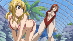 Rule 34 | 2girls, all fours, ass, bikini, blonde hair, blush, breast tattoo, breasts, brown eyes, butt crack, center opening, cleavage, curvy, downpants, fairy tail, female focus, flare corona, large breasts, long hair, lucy heartfilia, multiple girls, navel, one-piece swimsuit, pink bikini, red eyes, red hair, red one-piece swimsuit, sexually suggestive, string bikini, swimsuit, tattoo, twintails, you gonna get raped