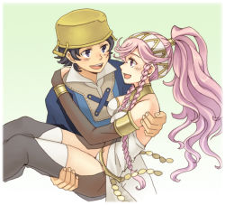 Rule 34 | 1boy, 1girl, blush, braid, carrying, donnel (fire emblem), fire emblem, fire emblem awakening, futatsuki (perfect lovers), hairband, hisato, jewelry, long hair, lots of jewelry, nintendo, olivia (fire emblem), pink hair, ponytail, princess carry, short hair, thighhighs