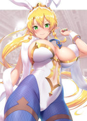 Rule 34 | &gt;:), 1girl, absurdres, animal ears, areola slip, artoria pendragon (all), artoria pendragon (fate), artoria pendragon (swimsuit ruler) (fate), artoria pendragon (swimsuit ruler) (fate) (cosplay), blonde hair, blue pantyhose, blush, braid, breasts, center opening, cleavage, closed mouth, cosplay, cowboy shot, elf, fairy, fake animal ears, fate (series), from below, gluteal fold, green eyes, green nails, hand up, high ponytail, highleg, highleg leotard, highres, kawase seiki, large breasts, leafa, leotard, long ears, long hair, look-alike, looking at viewer, looking down, nail polish, pantyhose, playboy bunny, pointy ears, rabbit ears, shawl, sidelocks, smile, solo, strapless, strapless leotard, sword art online, thigh strap, twin braids, v-shaped eyebrows, very long hair, white leotard, wrist cuffs