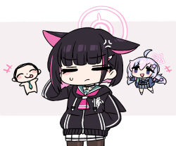 Rule 34 | +++, 1boy, 2girls, :p, ^ ^, ahoge, anger vein, animal ears, doodle sensei (blue archive), black choker, black hair, black jacket, black pantyhose, blue archive, chan co, chibi, choker, closed eyes, closed mouth, hair ornament, hairclip, halo, jacket, kazusa (blue archive), long hair, long sleeves, low twintails, multicolored hair, multiple girls, necktie, open mouth, pantyhose, pink hair, reisa (blue archive), sensei (blue archive), short hair, skirt, star (symbol), star hair ornament, sweat, tongue, tongue out, track jacket, twintails