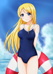 Rule 34 | 10s, 1girl, alternate hairstyle, arms behind back, ayase eli, blonde hair, blue eyes, blush, breasts, cloud, competition school swimsuit, covered navel, day, hair down, innertube, long hair, love live!, love live! school idol project, medium breasts, one-piece swimsuit, school swimsuit, sky, smile, solo, swim ring, swimsuit, wewe
