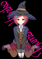 Rule 34 | 1girl, absurdres, akausagi, between legs, black background, black hat, black jacket, blazer, boots, brown footwear, brown pantyhose, closed mouth, collared shirt, danganronpa (series), danganronpa v3: killing harmony, expressionless, full body, hair ornament, hairpin, half-closed eyes, hand between legs, hat, highres, jacket, knee boots, long sleeves, looking at viewer, open clothes, open jacket, orange eyes, own hands together, pantyhose, red hair, red skirt, school uniform, shirt, short hair, simple background, sitting, skirt, solo, swept bangs, v arms, wariza, wing collar, witch hat, yumeno himiko