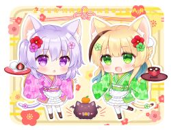 Rule 34 | 2024, 2girls, :d, :o, animal ear fluff, animal ears, blonde hair, blue hair, blush, boots, bowl, brown footwear, brown hair, cat ears, cat girl, cat tail, chibi, chopsticks, commentary request, cross-laced footwear, daifuku, floral print, flower, food, green eyes, green flower, green kimono, hair between eyes, hair flower, hair ornament, happy new year, highres, holding, holding tray, ichigo daifuku, japanese clothes, kimono, lace-up boots, long sleeves, mochi, multicolored hair, multiple girls, nengajou, new year, obi, open mouth, original, parted lips, print kimono, purple eyes, purple flower, purple hair, purple kimono, red flower, sash, shikito (yawa0w0), sleeves past wrists, smile, standing, standing on one leg, streaked hair, tail, tail flower, tail ornament, thighhighs, thighhighs under boots, tray, two-tone hair, two side up, wagashi, white thighhighs, wide sleeves, yagasuri