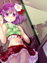 Rule 34 | 1girl, adapted costume, bare shoulders, female focus, flower, groin, hair flower, hair ornament, hand on own chest, hieda no akyuu, highres, lying, midriff, no panties, on back, open clothes, open skirt, purple eyes, purple hair, short hair, skirt, sleeveless, solo, touhou, turupiko