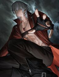Rule 34 | 1boy, belt bra, blue eyes, bonley, cloud, cloudy sky, coat, dante (devil may cry), devil may cry, devil may cry (series), devil may cry 3, fingerless gloves, gloves, hair over one eye, holding, jacket, long hair, looking at viewer, male focus, red coat, sky, solo, white hair