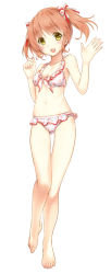 Rule 34 | 1girl, barefoot, bikini, blush, breasts, brown hair, cleavage, feet, floral print, frilled bikini, frills, front-tie top, full body, gluteal fold, jinbara tatsuichi, long hair, looking at viewer, navel, open mouth, original, simple background, skindentation, small breasts, smile, solo, standing, swimsuit, thigh gap, twintails, waving, white background, white bikini, yellow eyes