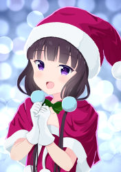 Rule 34 | 1girl, :d, blend s, blunt bangs, blush, bow, bowtie, brown hair, christmas, collarbone, commentary request, derivative work, gloves, green bow, green bowtie, hat, long hair, looking at viewer, low twintails, open mouth, own hands together, purple eyes, sakuranomiya maika, santa costume, santa hat, short sleeves, smile, solo, teeth, twintails, upper body, upper teeth only, white gloves, yutsuki warabi