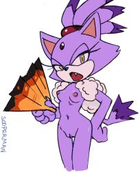 Rule 34 | 1girl, animal ears, artist name, blaze the cat, breasts, cat ears, cat girl, cat tail, completely nude, fang, feet out of frame, female focus, furry, furry female, groin, hand fan, hand on own hip, highres, holding, holding fan, looking at viewer, navel, nipples, nude, open mouth, pussy, small breasts, snout, solo, sonic (series), sooperman, standing, tail, the murder of sonic the hedgehog, topknot, yellow eyes