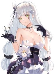 Rule 34 | 1girl, blunt bangs, breasts, bug, butterfly, choker, cleavage, dress, evening gown, facial mark, gem, girls&#039; frontline, gloves, green eyes, hair ornament, hairband, hands up, highres, hk416 (girls&#039; frontline), hk416 (starry cocoon) (girls&#039; frontline), insect, jewelry, layered dress, long hair, multi-tied hair, official alternate costume, purple dress, purple gemstone, strapless, strapless dress, teardrop, teardrop facial mark, teardrop tattoo, white hair, white hairband, yu 416416