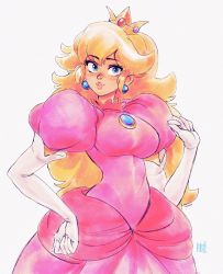 Rule 34 | 1girl, 2020, blonde hair, blue eyes, breasts, brooch, commentary, crown, david liu, dress, earrings, elbow gloves, english commentary, eyelashes, gloves, hand on own hip, highres, jewelry, lips, long hair, looking at viewer, mario (series), nintendo, pink dress, princess peach, puffy short sleeves, puffy sleeves, short sleeves, signature, solo, upper body, white gloves