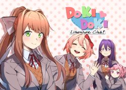 Rule 34 | 4girls, :d, ^ ^, bow, brown hair, closed eyes, closed mouth, commentary request, copyright name, doki doki literature club, closed eyes, facing viewer, green eyes, hair between eyes, hair bow, hair ornament, hair ribbon, hairclip, heart, highres, logo, long hair, looking at viewer, monika (doki doki literature club), multiple girls, natsuki (doki doki literature club), open mouth, pink eyes, pink hair, polka dot, polka dot background, ponytail, purple eyes, purple hair, red bow, ribbon, sayori (doki doki literature club), school uniform, short hair, smile, tsushima ao, waving, wavy mouth, white ribbon, yuri (doki doki literature club)