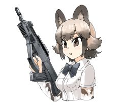 Rule 34 | 10s, 1girl, absurdres, african wild dog (kemono friends), african wild dog print, animal ears, bow, bowtie, brown hair, bullpup, collared shirt, dog ears, dog tail, elbow gloves, gloves, gun, highres, kemono friends, light brown hair, multicolored hair, omnisucker, shirt, short hair, short sleeves, solo, tail, weapon