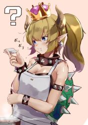 Rule 34 | 1girl, ?, apron, armlet, bare shoulders, blonde hair, blue eyes, blush, bowsette, bracelet, breasts, cleavage, collar, commentary request, cooking, crown, earrings, eating, hair between eyes, highres, horns, jewelry, ladle, large breasts, long hair, looking away, mario (series), new super mario bros. u deluxe, nintendo, open mouth, pink background, pirapirapirapira, plate, pointy ears, ponytail, pot, sharp teeth, sidelocks, simple background, solo, spiked armlet, spiked bracelet, spiked collar, spiked shell, spikes, super crown, tasting, tasting plate, teeth, translation request, v-shaped eyebrows, white apron, you&#039;re doing it wrong