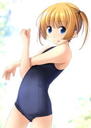 Rule 34 | 1girl, blonde hair, blue eyes, blue one-piece swimsuit, flat chest, gluteal fold, highres, looking at viewer, old school swimsuit, one-piece swimsuit, original, school swimsuit, shibacha, short hair, solo, stretching, swimsuit, tongue, tongue out, twintails, white background