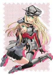 Rule 34 | 10s, 2girls, :d, absurdres, alternate eye color, ass, bare shoulders, bismarck (kancolle), black panties, black skirt, blonde hair, blush, boots, breasts, brown gloves, cross, detached sleeves, gloves, green eyes, grey legwear, hand on another&#039;s shoulder, hat, highres, honeycomb (pattern), honeycomb background, honeycomb pattern, hug, iron cross, kantai collection, large breasts, long hair, long sleeves, microskirt, military, military uniform, multiple girls, open mouth, over-kneehighs, panties, peaked cap, pleated skirt, prinz eugen (kancolle), silhouette, sitting, skirt, smile, thighhighs, tsubakiyama parry, twintails, underwear, uniform, very long hair, white gloves, white panties